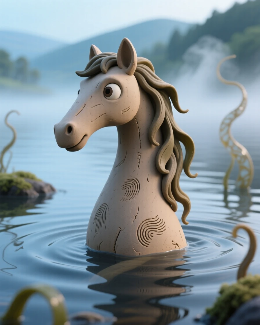 A kelpie emerging from a Scottish loch as mist rises