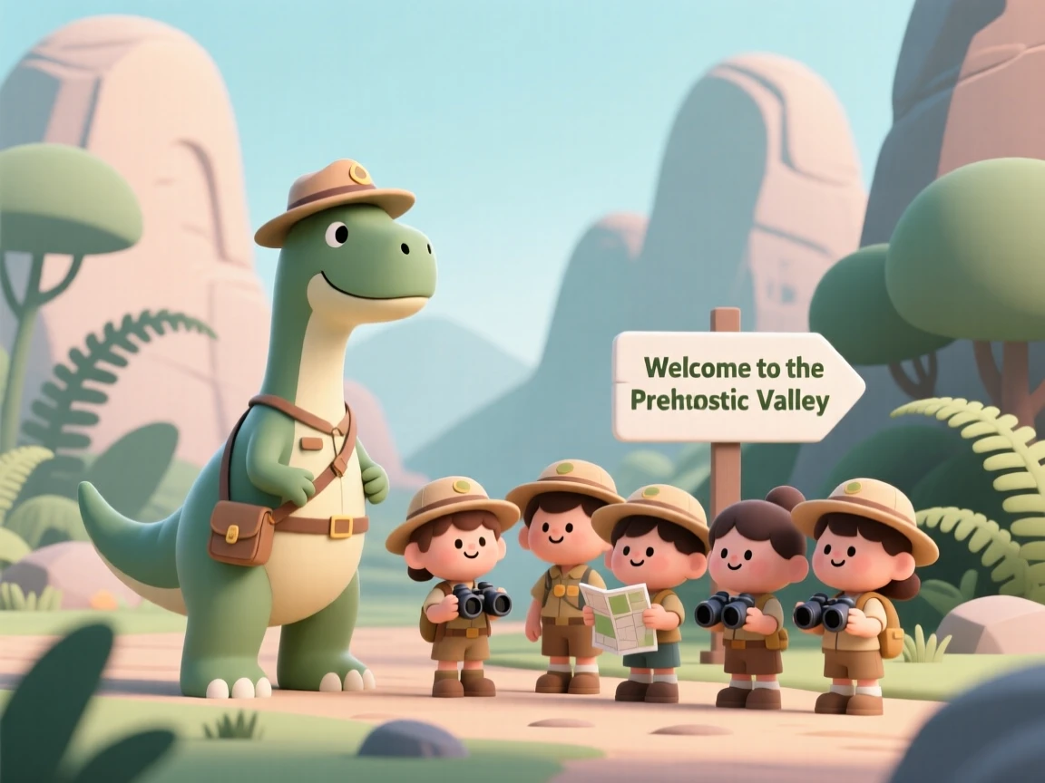 A brave dinosaur ranger leads a group of children on a guided tour through a lush prehistoric valley.
