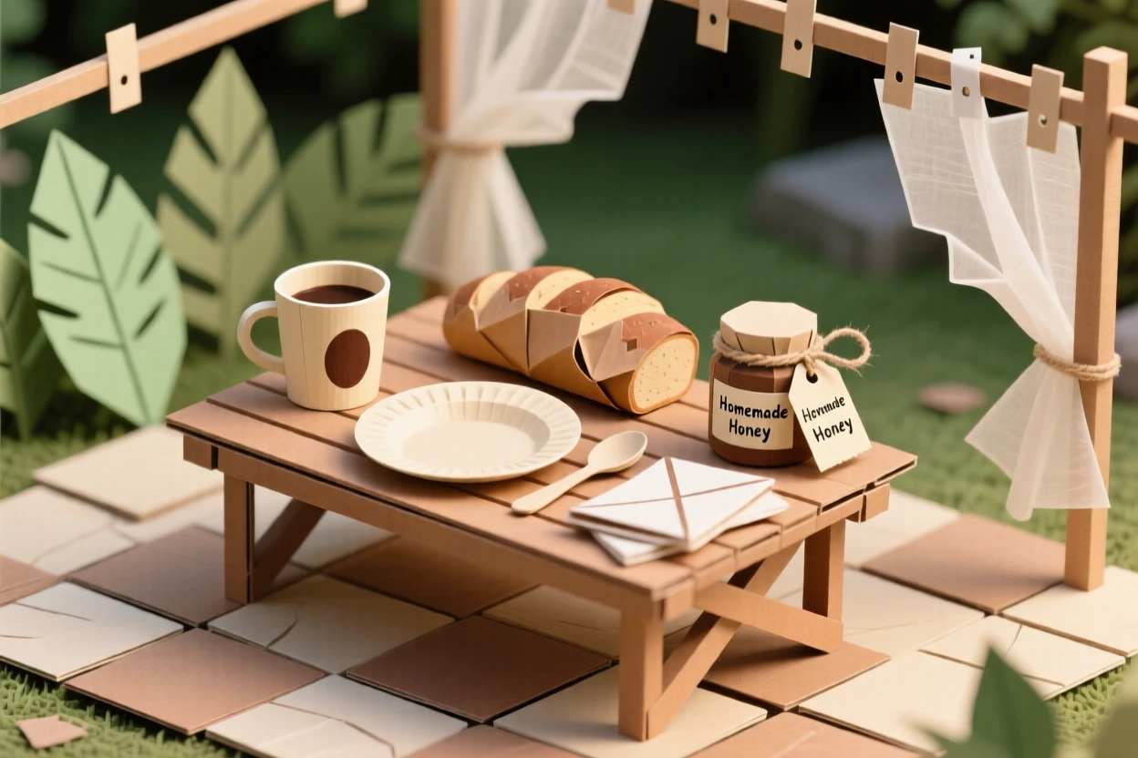 A rustic breakfast spread on a garden patio lit softly by flickering candlelight, with sheer curtains fluttering in the breeze, capturing quiet contentment.