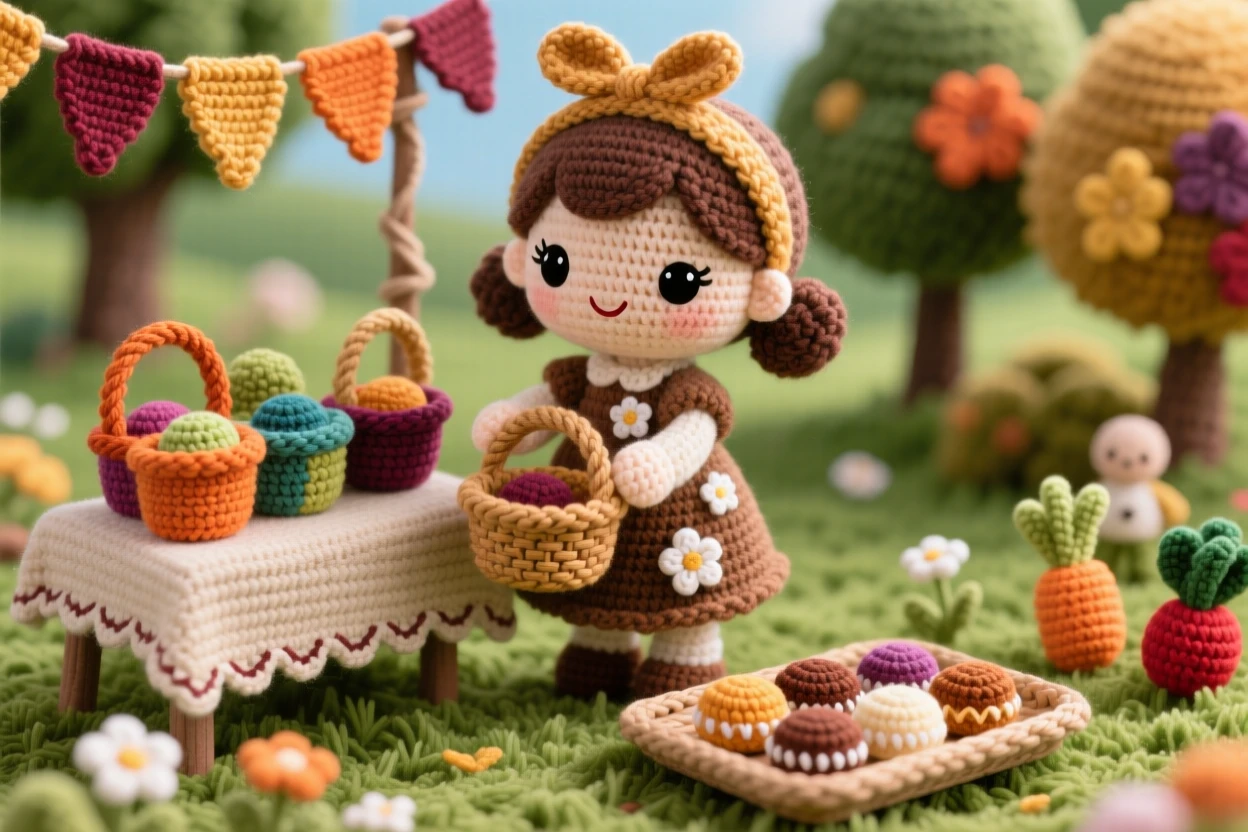 A festive cultural scene of a little girl carrying a small basket of woven baskets for a market festival with a proud smile, arranging them at a small stall within a family garden set for a harvest gathering; a small tray of traditional sweets nearby nearby, full of joyful community celebration and shared tradition.