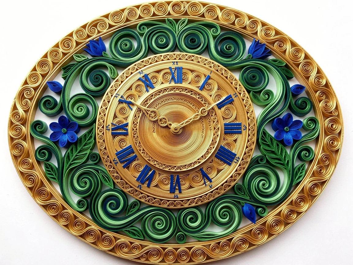 An elegant design featuring an ornamental clock face surrounded by curling vines, arranged in concentric layered rings, in a palette of jewel-toned emerald and sapphire, mounted within a gilded oval frame.