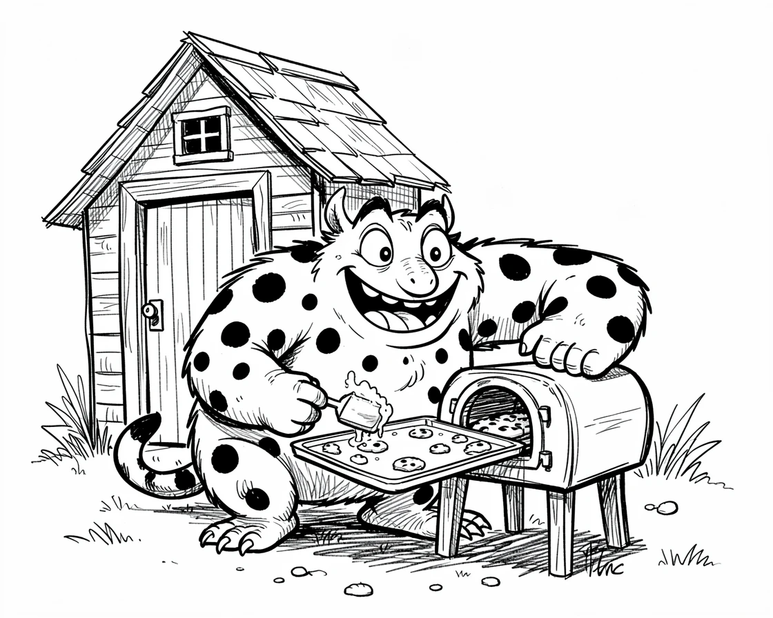 A monster with polka-dot fur baking cookies beside a garden shed.