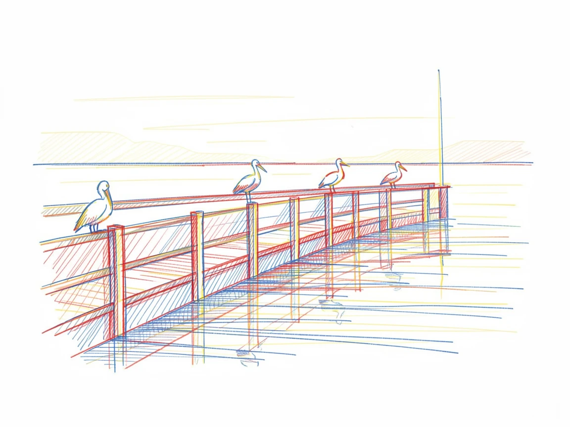 A quiet fishing pier at dawn with pelicans perched along the railing