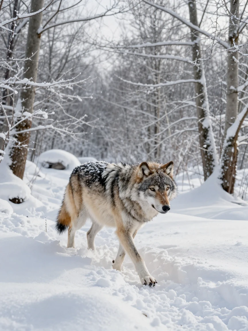 A snowy landscape with a lone wolf tracking through drifts