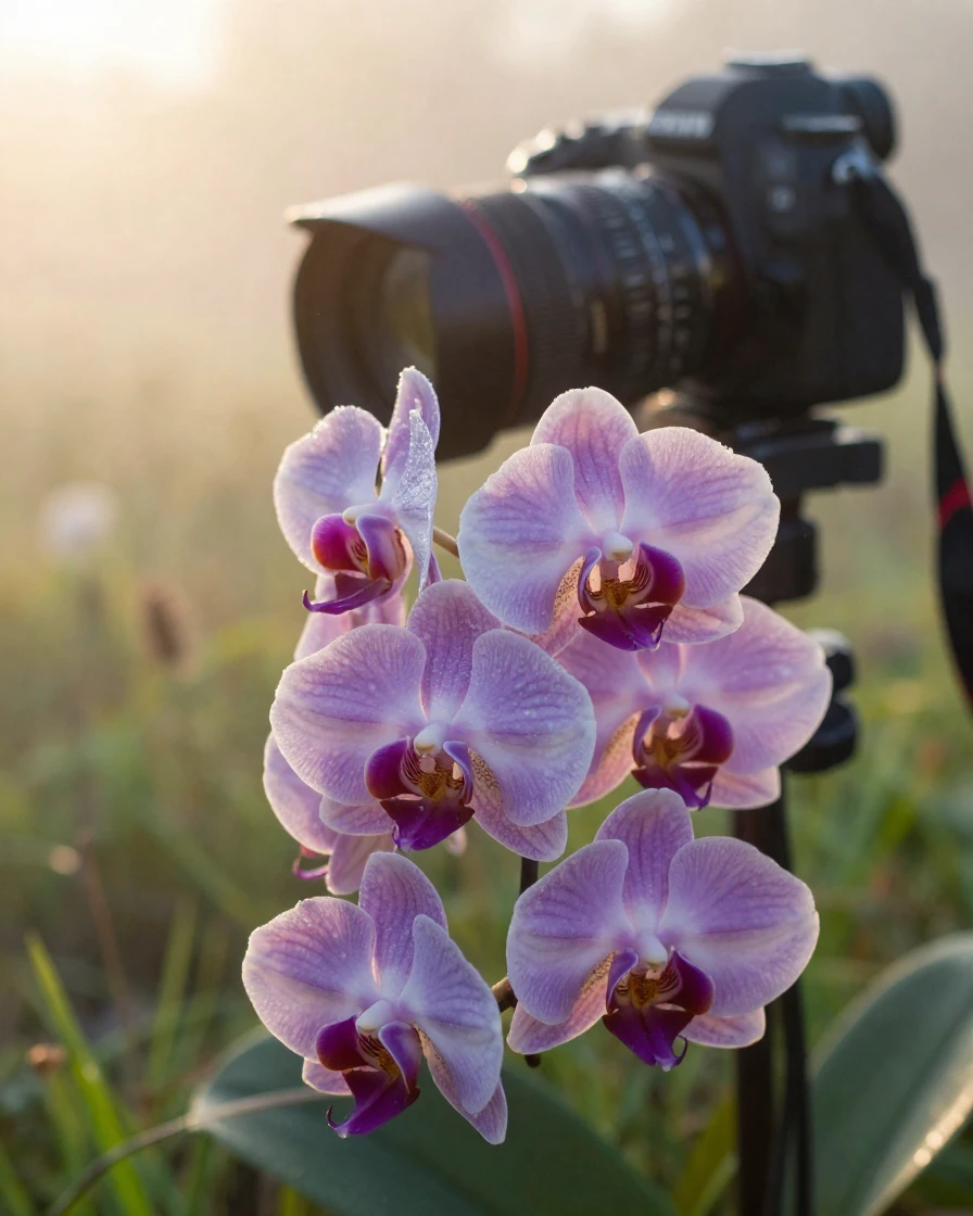 A cluster of wild orchids glistening with fresh dew at sunrise