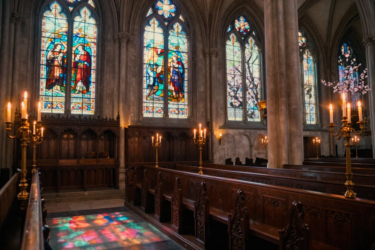 An ornate cathedral interior with light streaming through stained glass, under flickering candlelight, under a light drizzle, as spring blossoms unfurl, in vivid coral and turquoise hues, from a slightly elevated vantage point.