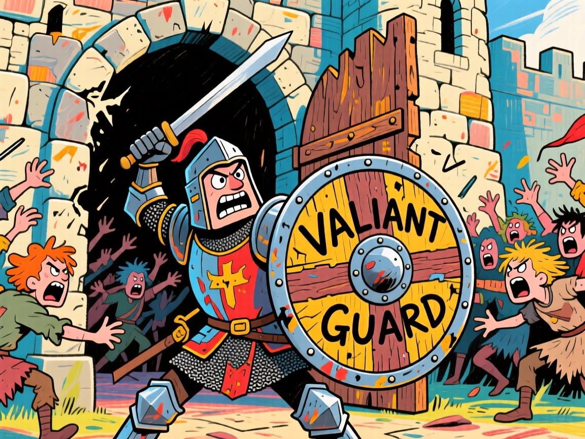 A knight defending a castle gate against a horde of invaders, shield raised high.