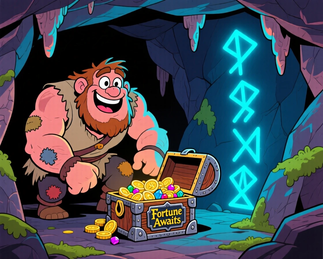 An imaginative fantasy scene of a friendly giant discovering a hidden treasure chest deep within an ancient cave, as ancient runes glow softly nearby.