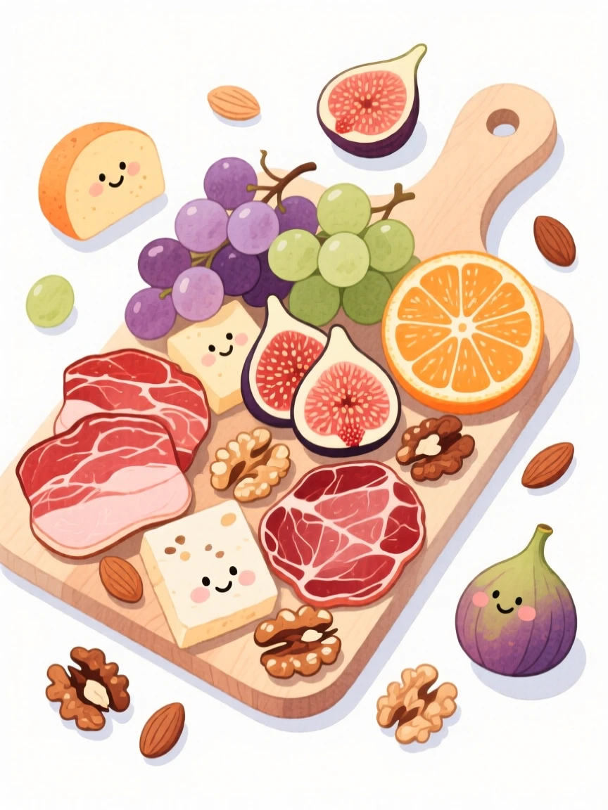 A cozy, appetizing, elegant and intimate scene of a charcuterie board artfully arranged with fruits and nuts
