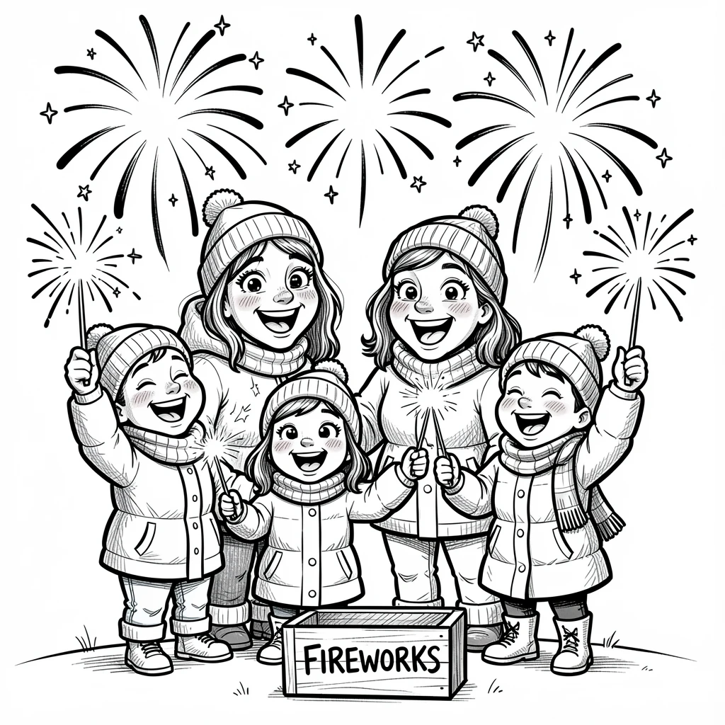 [Seasonal Holidays & Celebrations] Festive scene of a joyful family setting off a spectacular fireworks display, full of celebration and joy