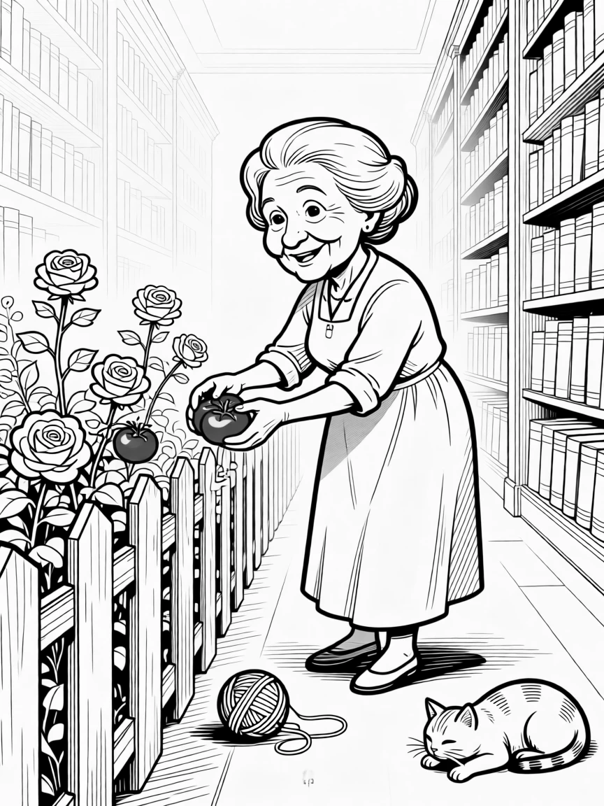A grandmother showing off her prize-winning garden roses, passing tomatoes over a fence with a friendly nod, set among tall shelves in an old library. A ball of yarn rolls gently as the cat shifts. The scene radiates hard-won wisdom shared with love.