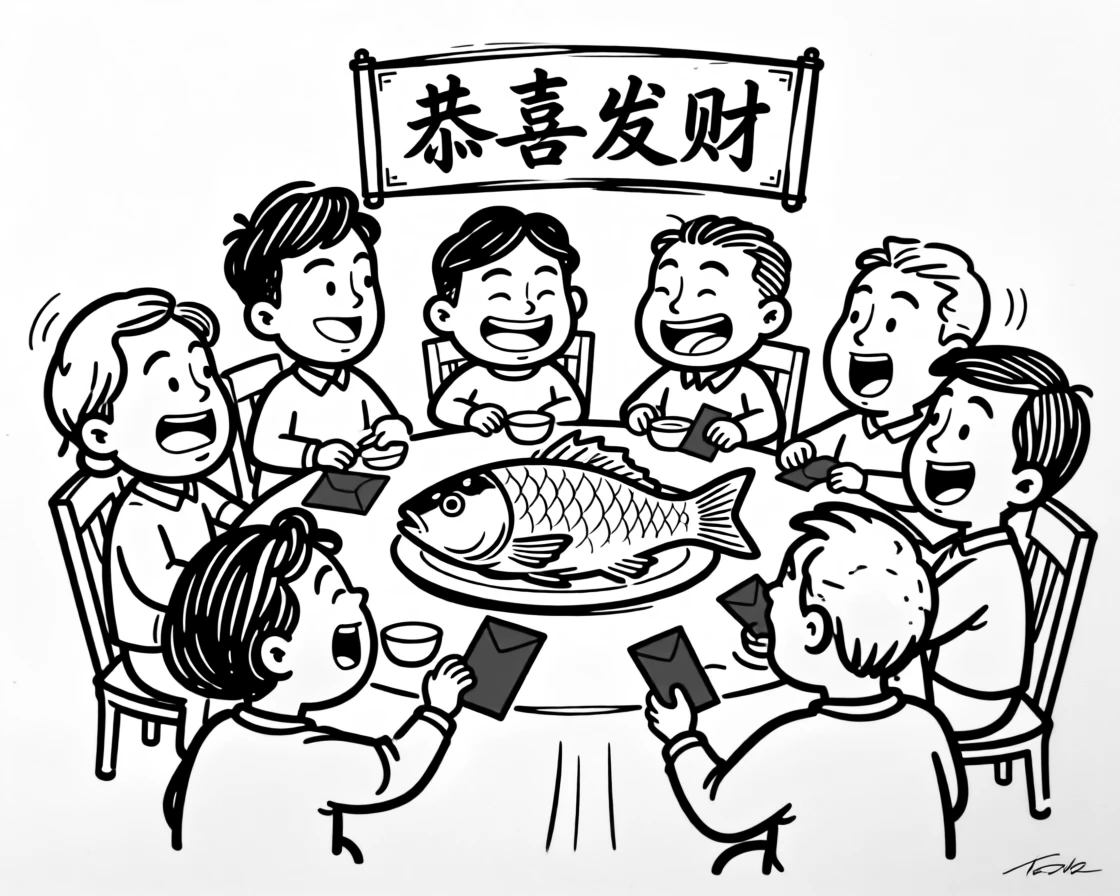 A Chinese New Year family reunion dinner with a whole steamed fish and red envelopes.