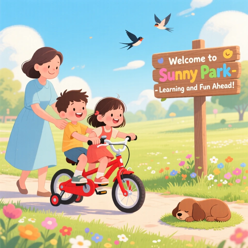 With her favorite aunt close by, siblings holding hands is learning to ride a bicycle, while a puppy dozes nearby.