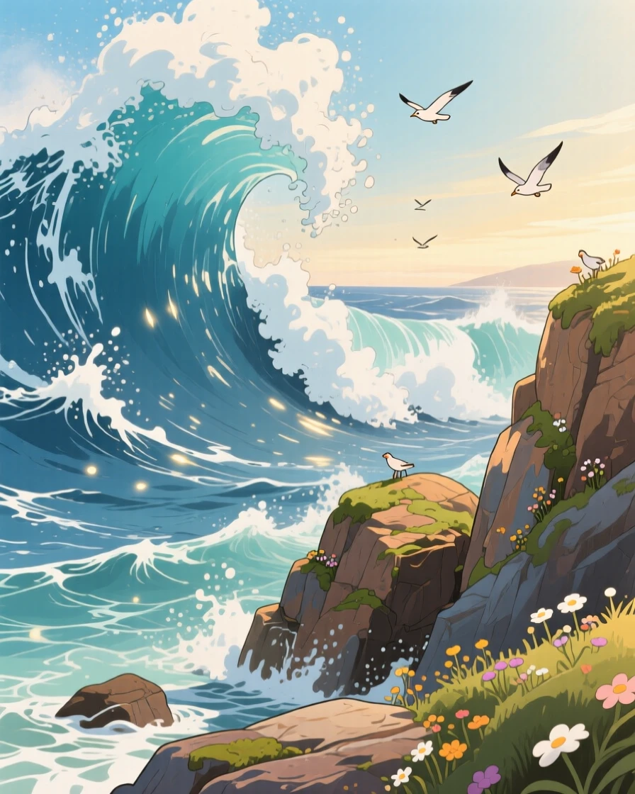 A stunning view of towering waves crashing against a rugged coastline, captured from a dramatic low angle.