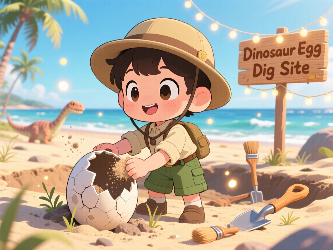 Dynamic diagonal composition: a small child paleontologist, brushing dust off a dinosaur egg fossil, set against a sunny excavation site on a breezy coastal afternoon, with warm fairy-light glow and a mood of warm affection.