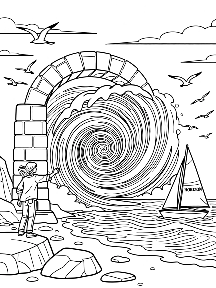 A whirlpool swirling around a stone archway, with waves crashing dramatically in the background.