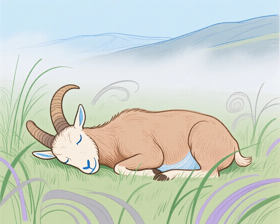 A mountain goat napping in a misty morning field on a quiet summer afternoon.