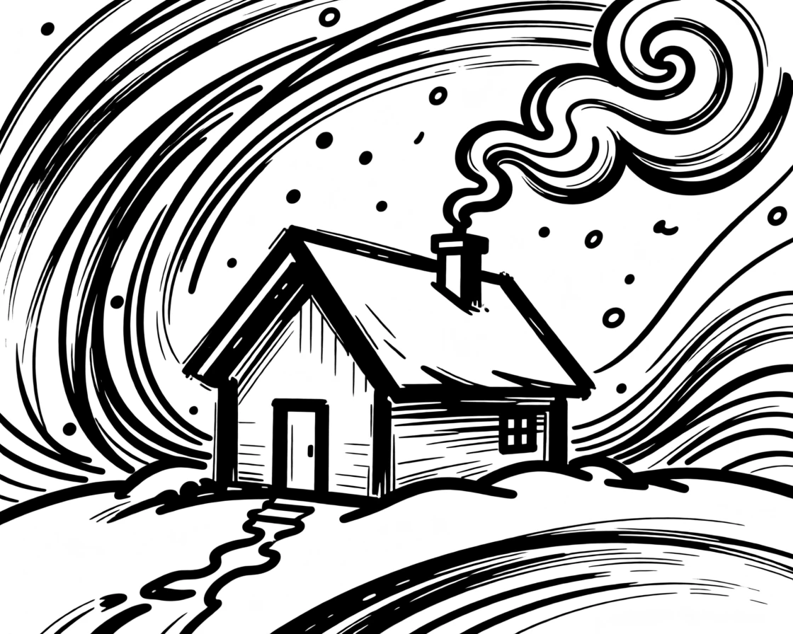 A cozy cabin with smoke curling from the chimney during a snowstorm.