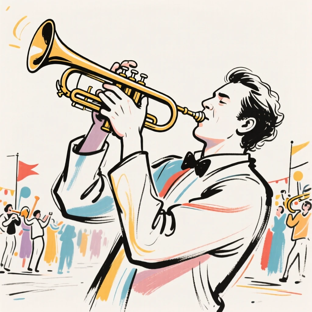 A trumpet player performing a solo during a lively parade.