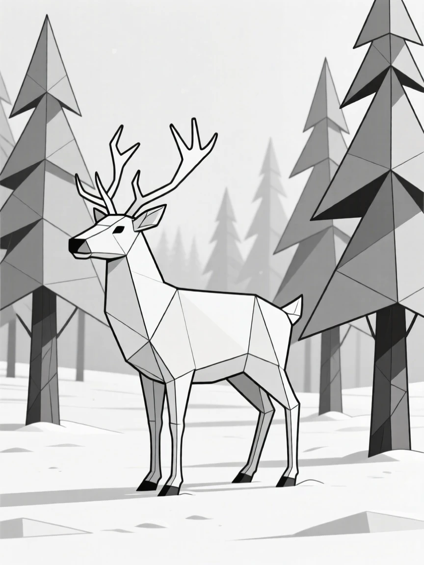 A reindeer standing in a snowy pine forest