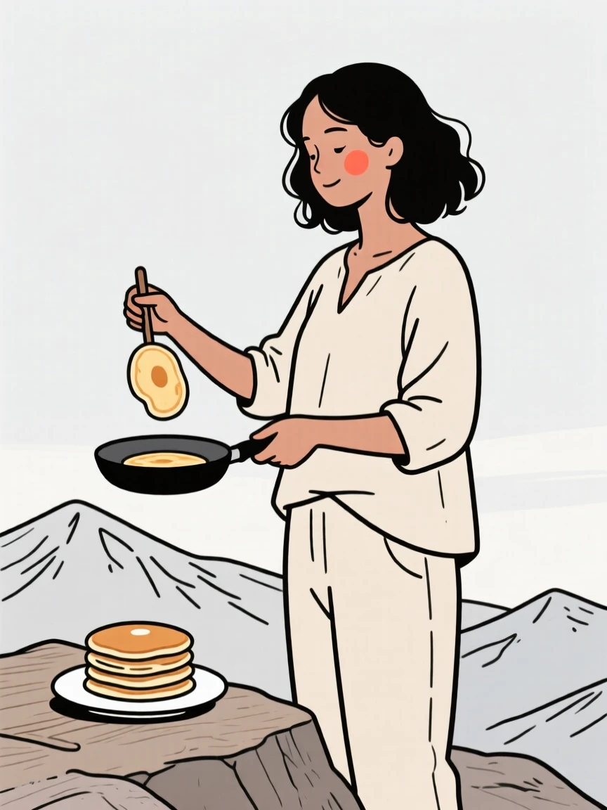 A grown woman of Brazilian heritage flipping pancakes on a lazy morning, on a mountaintop overlook.