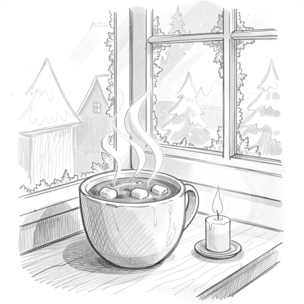 A festive scene of a hot cocoa mug beside a frosted window in a cozy candlelit room, with an atmosphere of celebration and togetherness.
