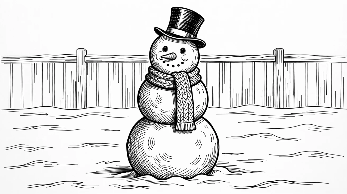 A snowman standing proudly in a snow-covered yard, wearing a scarf and hat.