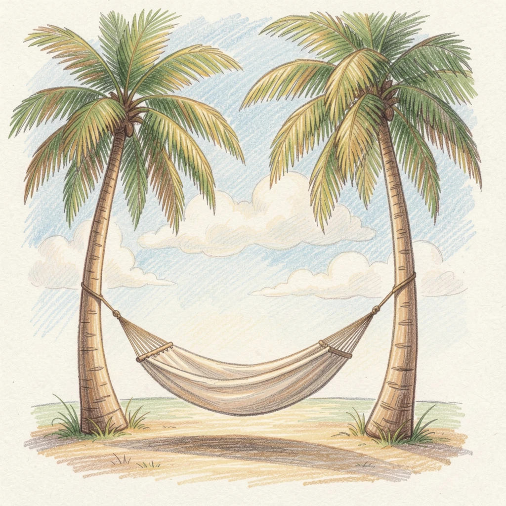 A quiet hammock swaying gently between two palm trees, with soft, natural light bringing warmth to every detail, capturing a quiet story that lingers with the viewer.