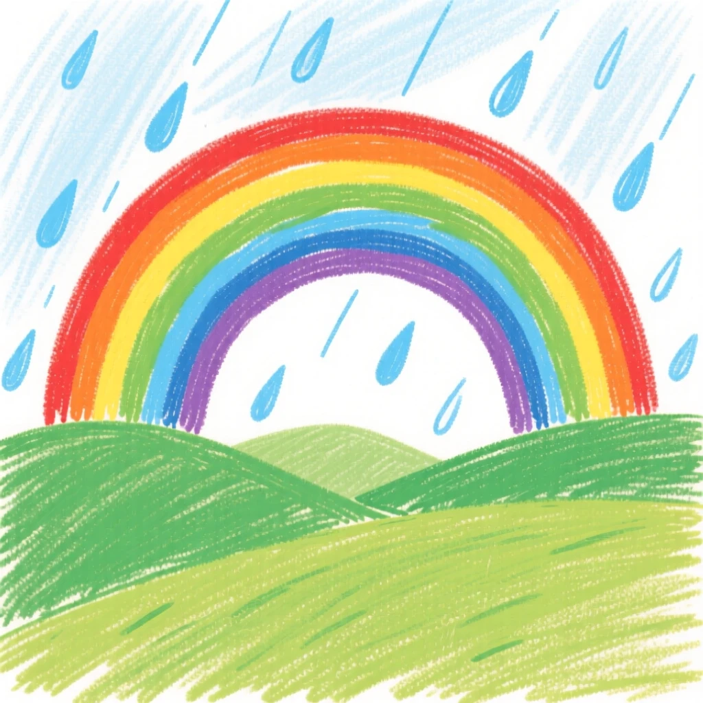 A view of a rainbow over green hills as gentle rain begins to fall.