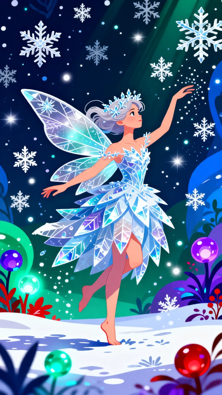 A whimsical snow fairy dancing among softly falling snowflakes, set within a mystical realm glowing with soft magical light, arranged with soft sparkles and glowing highlights throughout, with rich jewel tones that evoke wonder and imagination.
