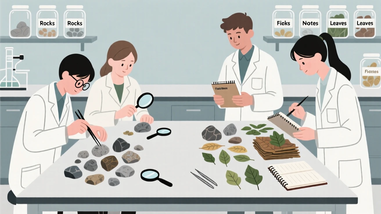 A group of students sorting rocks and leaves in a science lab.