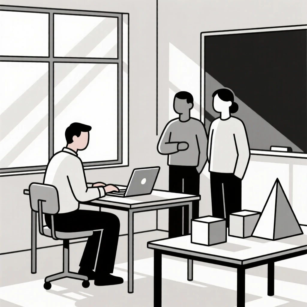 An engineer at a workstation collaborating with colleagues in a sunny classroom, near architectural models, full of collaborative energy.