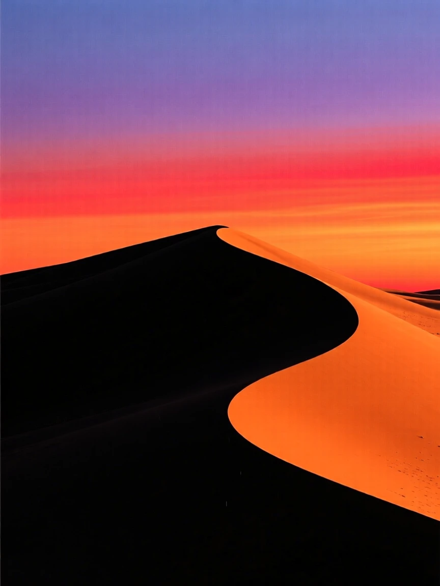 A wide, sweeping sand dune casting a long shadow at sunset.
