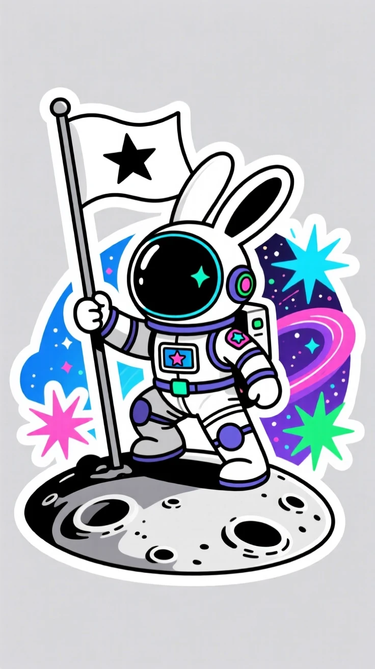 A wildly imaginative galaxy-hopping astronaut bunny planting a flag on the moon, surrounded by glowing special effects, in a scene bursting with energy and color.