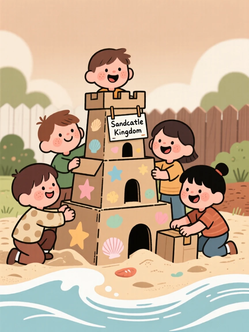 A small group of children build a sandcastle out of cardboard boxes in the backyard, laughing as a wave rushes in to wash it away.
