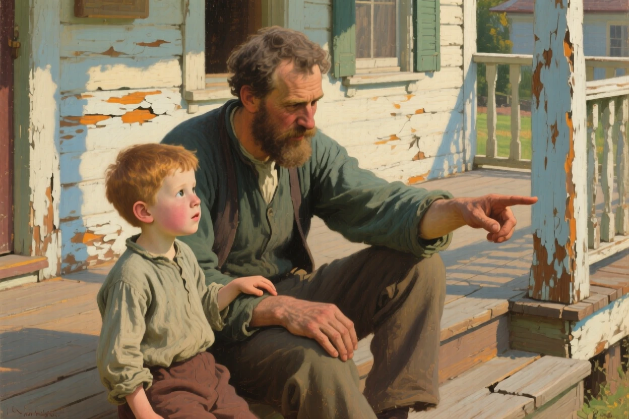 An intimate close-up of a father and his son on a weathered porch, full of curious wonder, at midday.