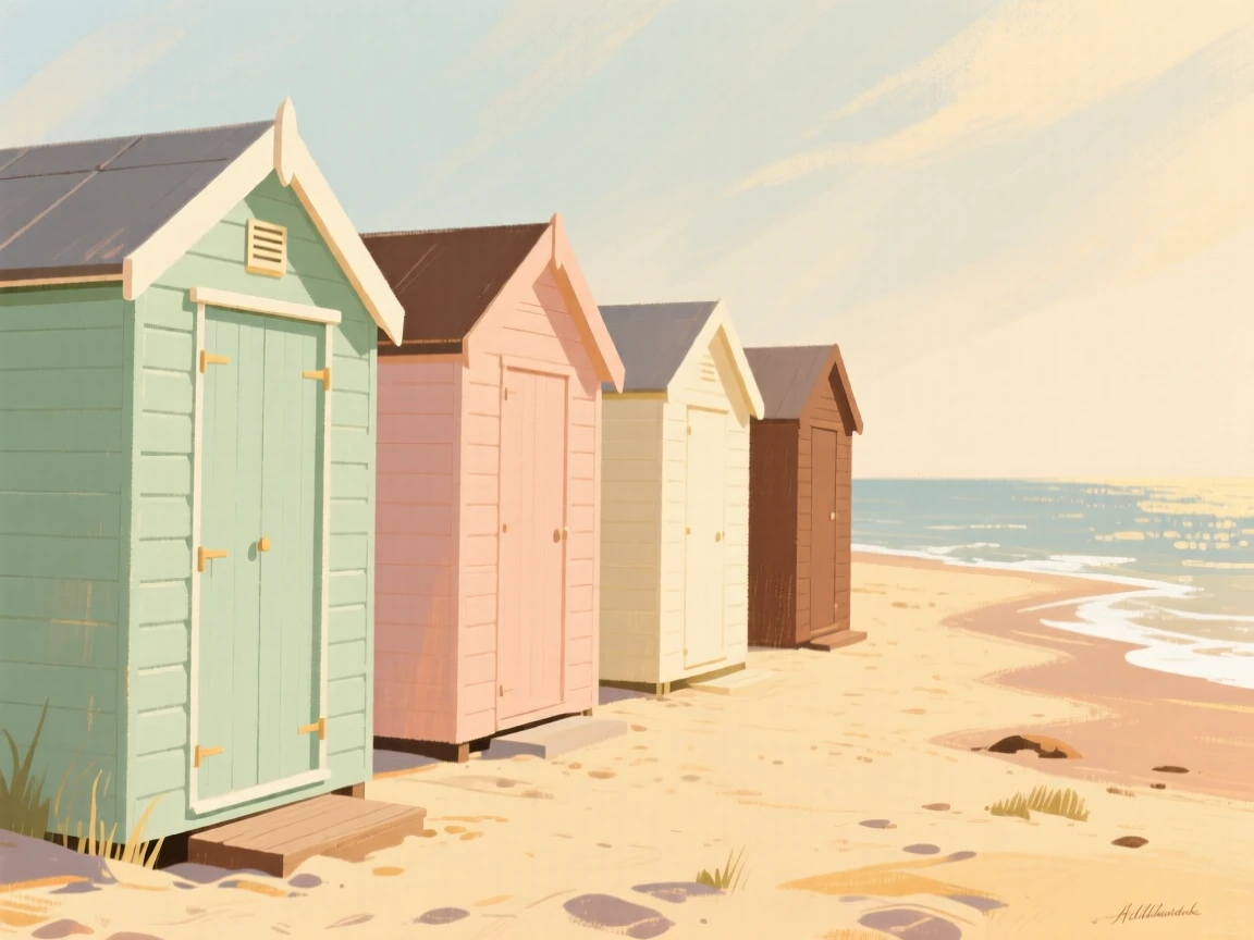 A row of beach huts in bright colors along a sandy summer shore