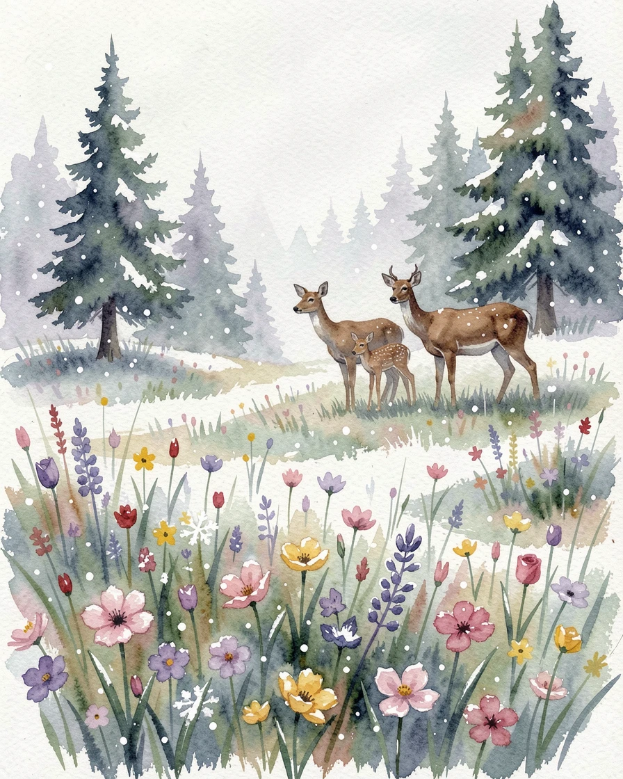 An alpine meadow full of wildflowers during the first snowfall with a family of deer at the tree line.
