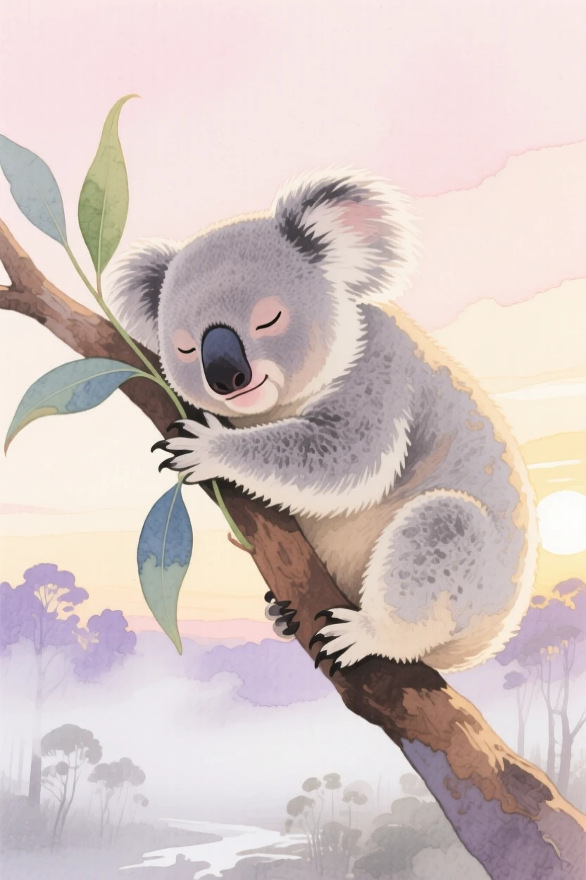 A sleepy koala clings to a eucalyptus branch at dawn, one paw wrapped around a leaf, mist rising from the forest below