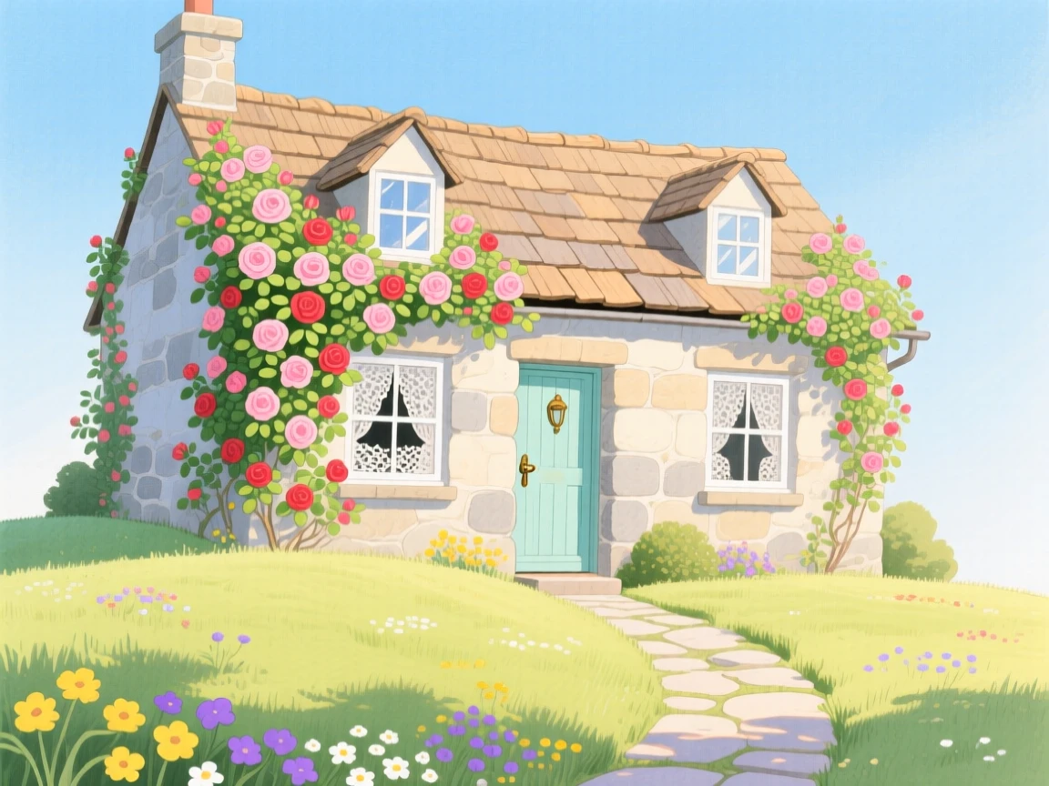 A stone cottage covered in climbing roses, warm and inviting on a quiet afternoon.