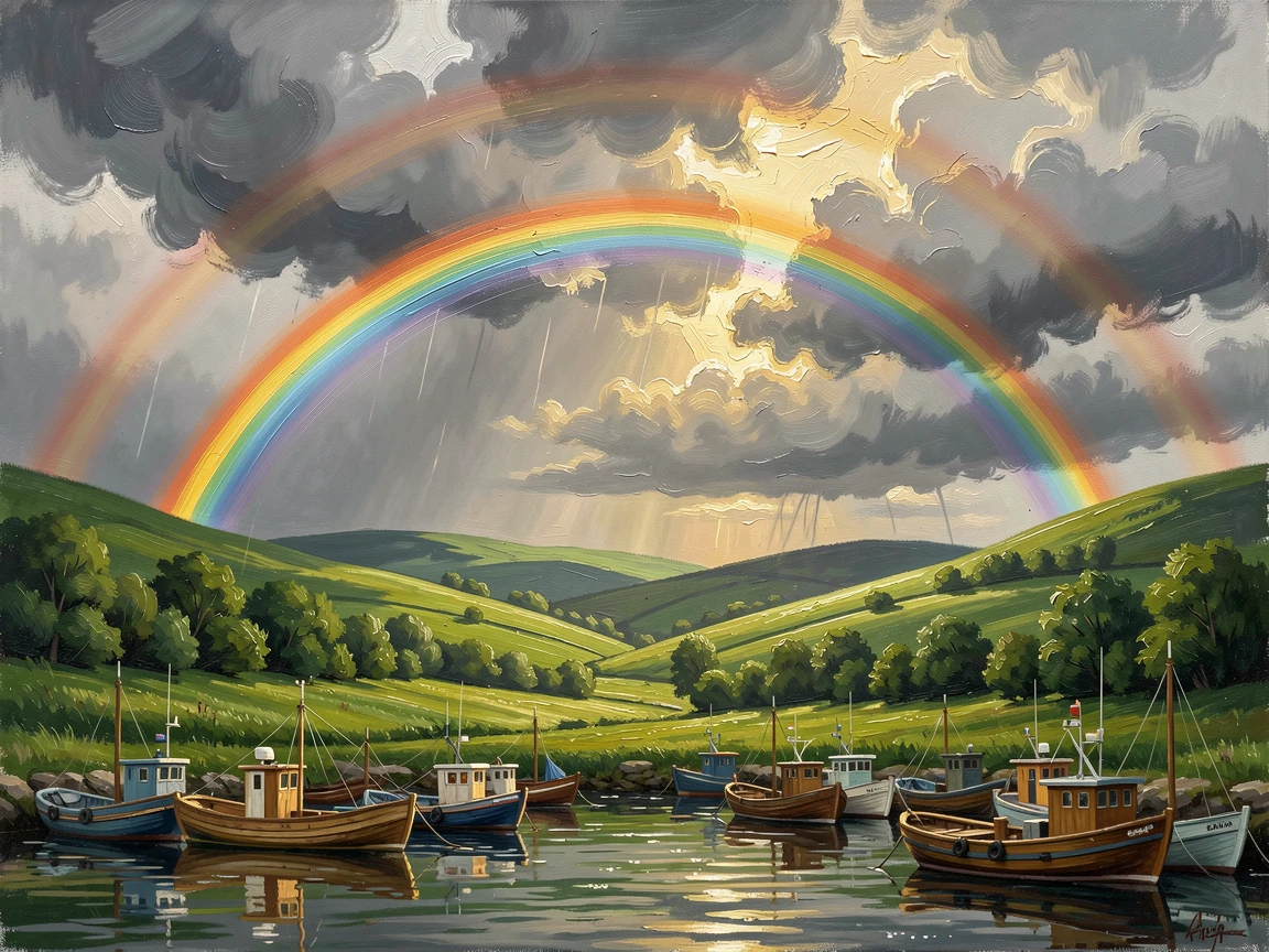 A double rainbow arching over a green valley, the last rays of sun breaking briefly through the clouds, above a calm harbor filled with fishing boats, in the hush just after a storm has passed.