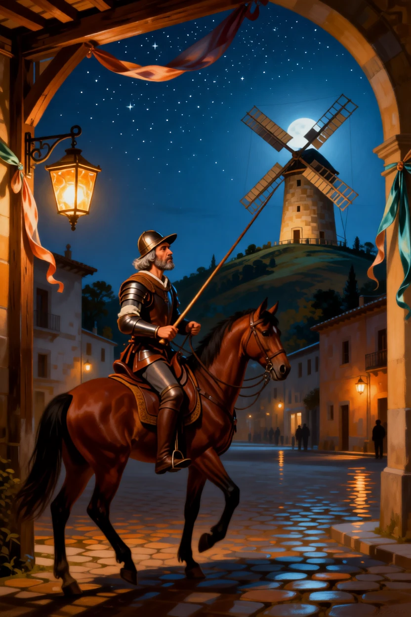 Don Quixote tilting his lance toward a distant windmill as the audience holds its breath in anticipation, set beneath a canopy of stars over a sleepy village square, with lanterns swaying gently and silk ribbons catching the breeze; receding archways create a sense of stepping into another world, capturing the enchantment of tales passed down through generations.