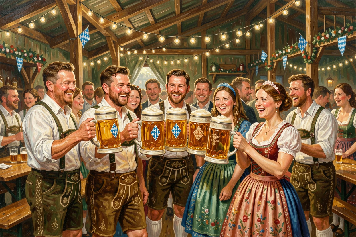 A traditional Oktoberfest celebration fills a Munich beer tent with clinking steins, lederhosen, and dirndls beneath strings of festive lights, the scene capturing a fleeting, candid moment within a larger ongoing celebration.