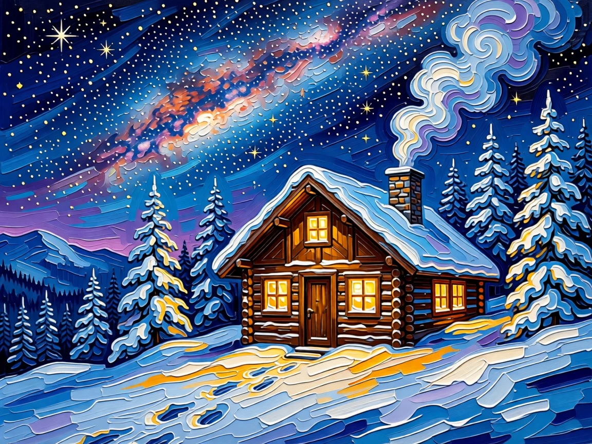 A cozy ski chalet with smoke curling from its chimney beneath a starry alpine sky