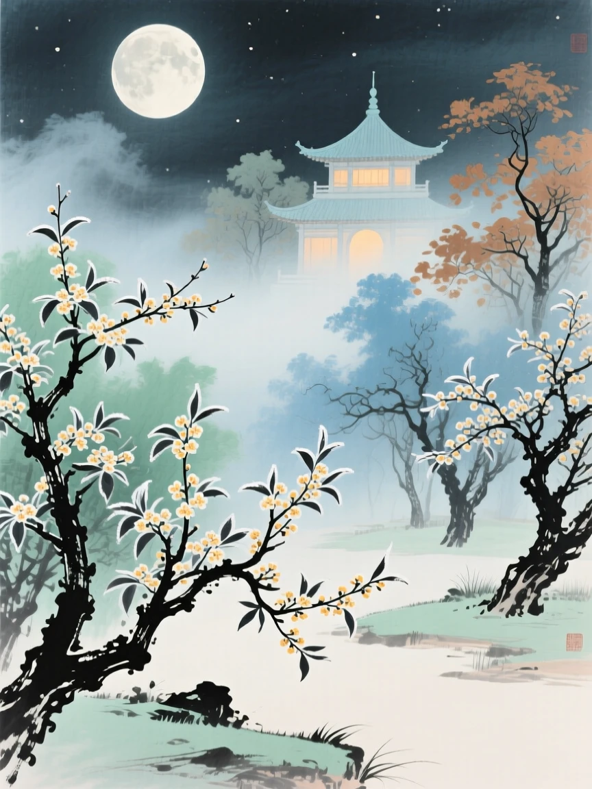 The moon palace glowing softly above a garden of frozen osmanthus trees, in late autumn, through a light drifting mist.