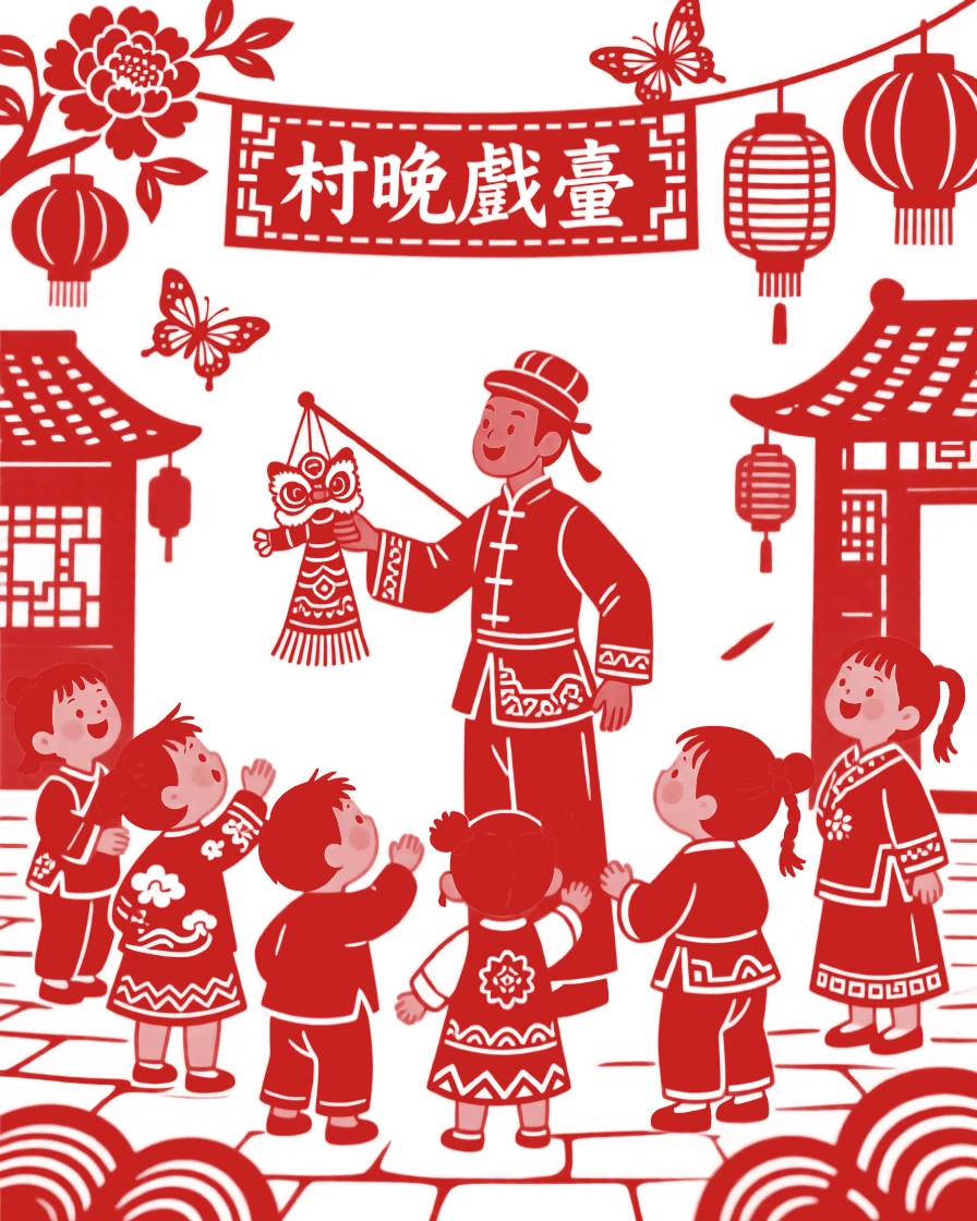 Children gathered around a puppet show performer in a village square, faces bright with wonder