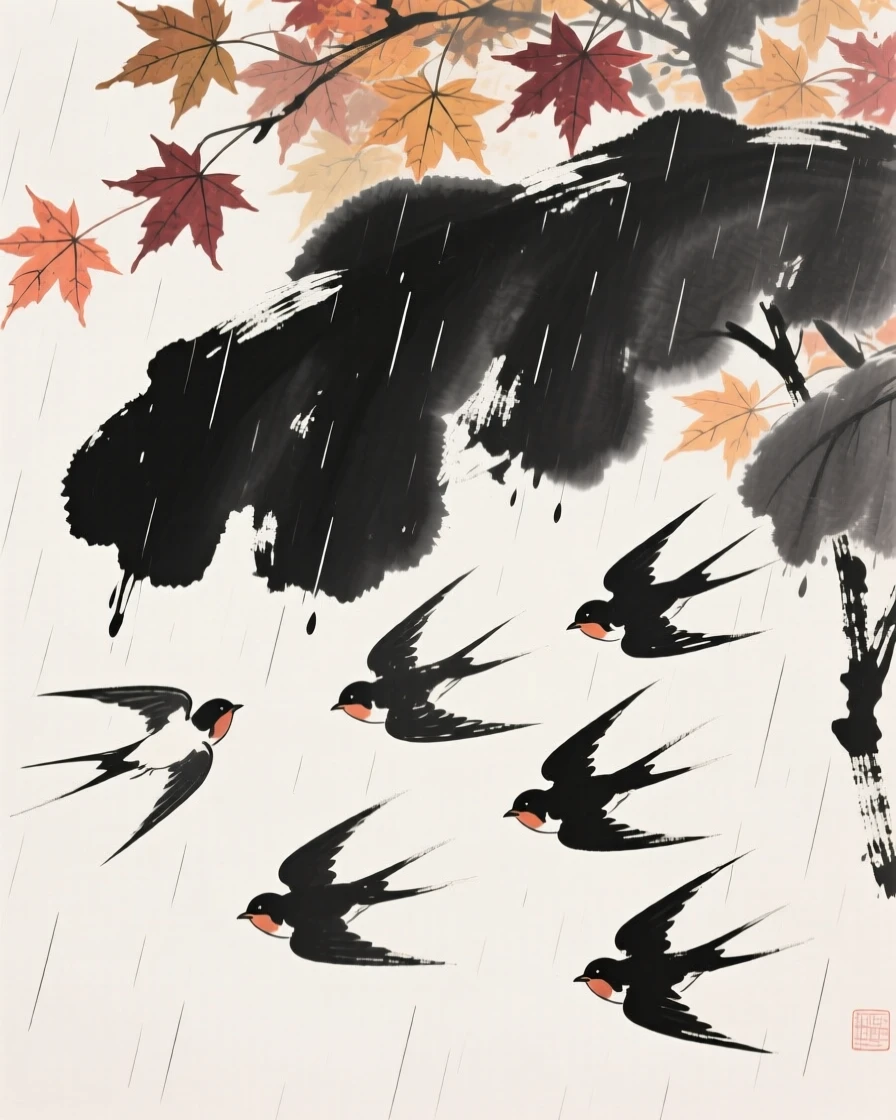 A flock of swifts sheltering beneath broad leaves during rain beneath a canopy of autumn maple leaves, seen up close with delicate feather detail, suggesting renewal and the gentle passage of seasons.
