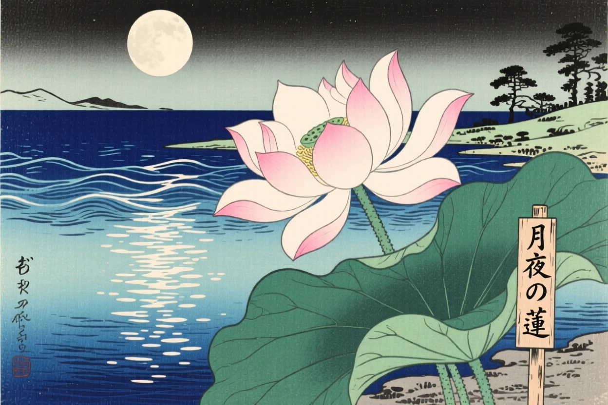 A giant lotus flower blooming atop a moonlit lake, overlooking an endless glowing ocean.