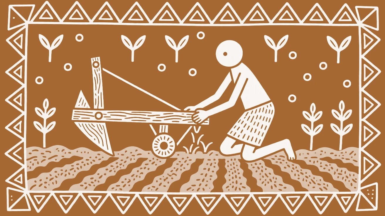 A farmer repairing a wooden plow plowing a field at the start of the planting season.