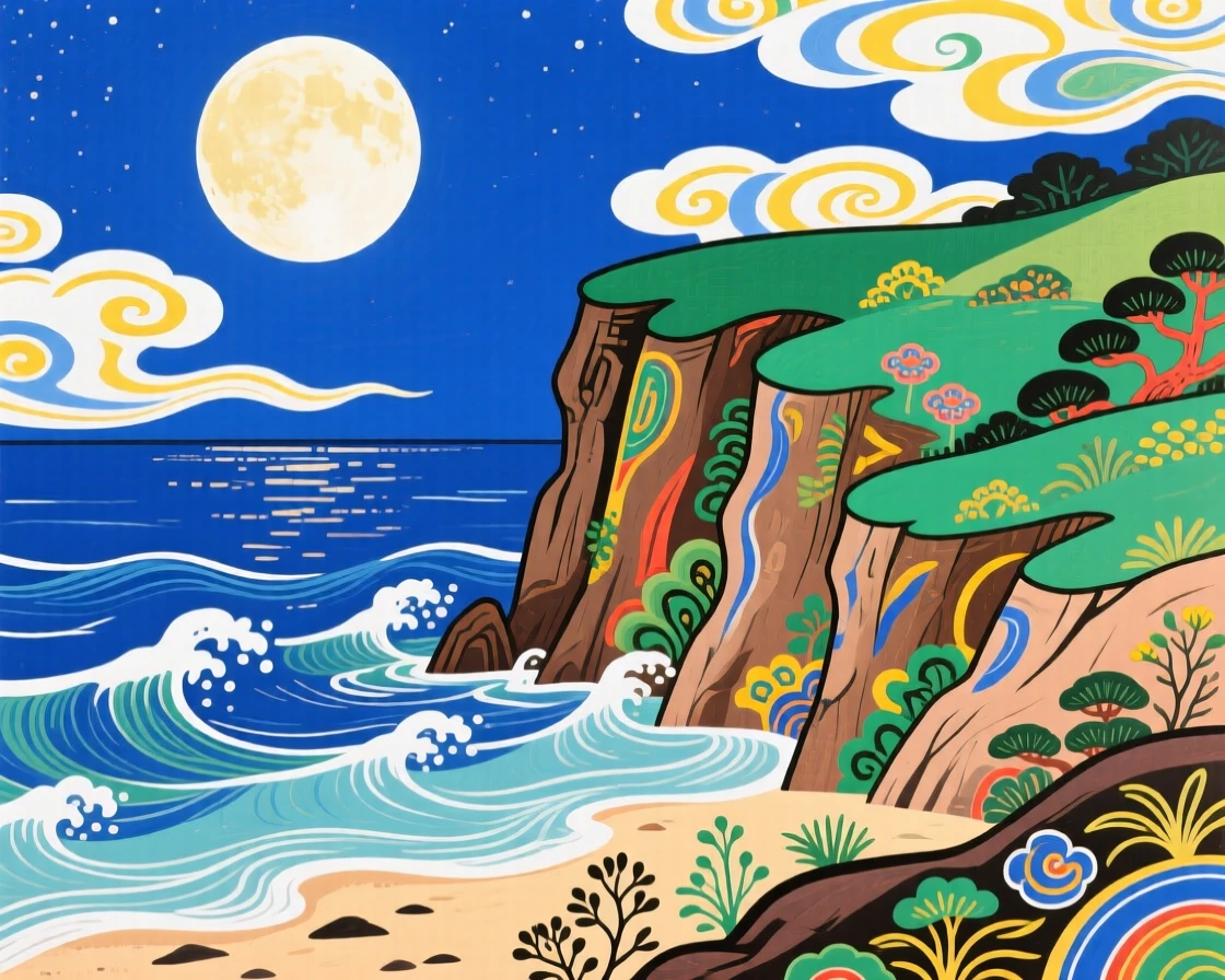 A view of a coastal cliff under a brilliant full moon.